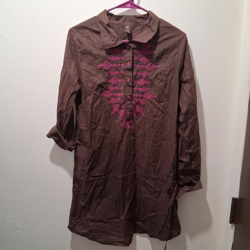 Prana GearHart Golf Links Embroidered Adjustable Waist & Sleeve Brown Medium Top
